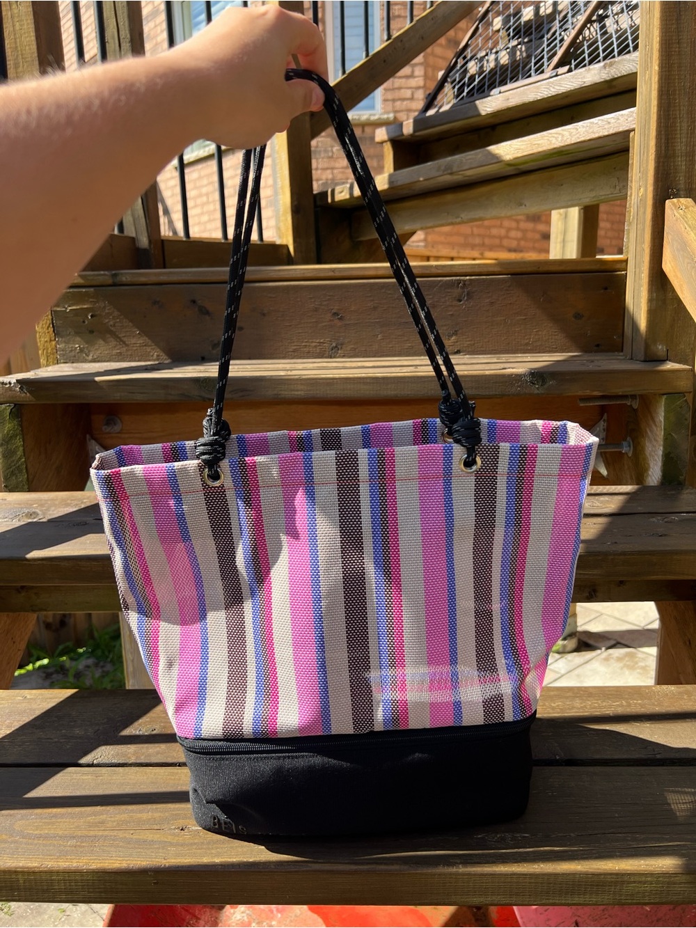 Beis: Striped Beach Tote with Black Base Cooler